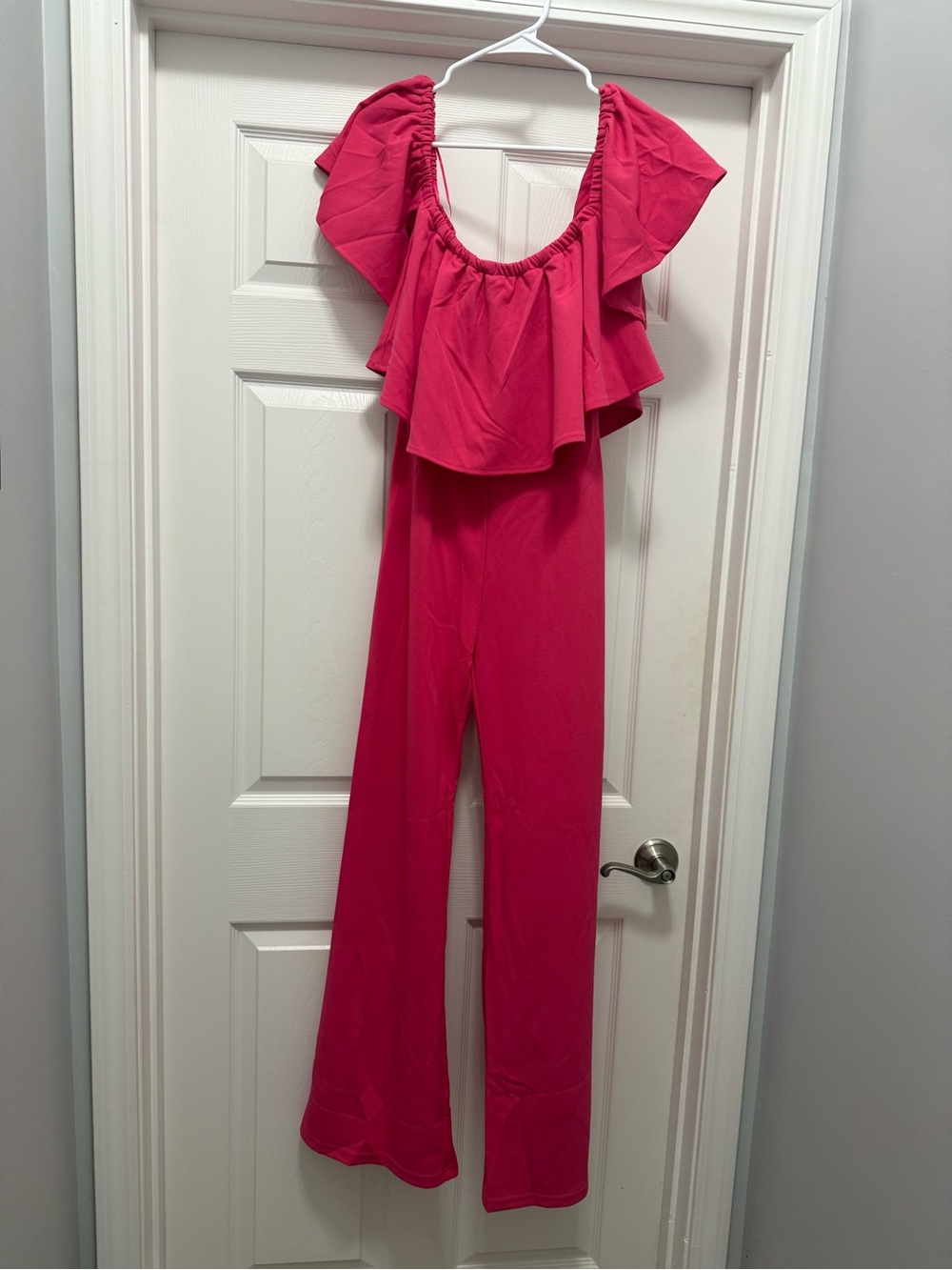 Women’s Off-Shoulder Ruffle Jumpsuit - Bright Pink